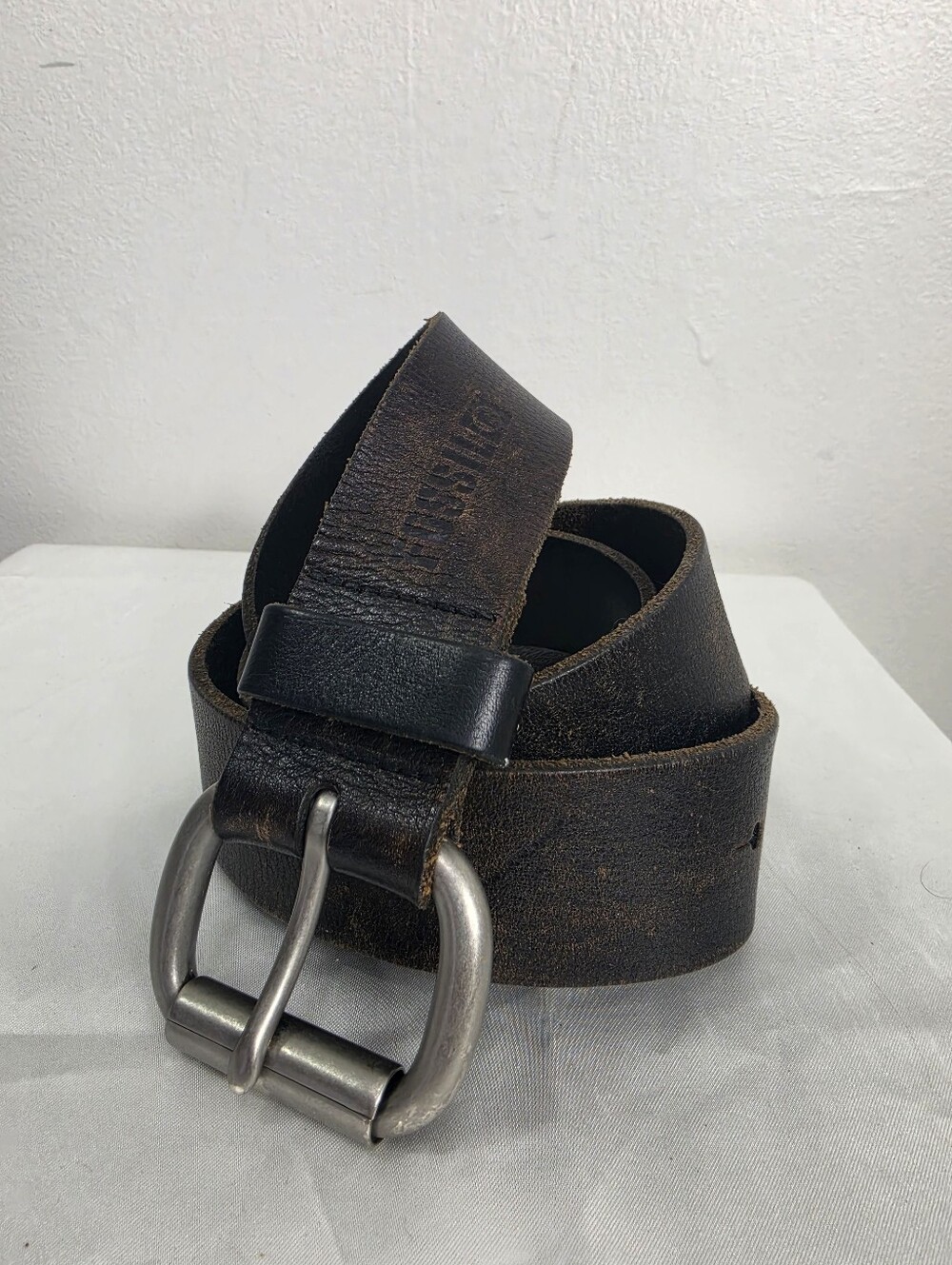 Fossil Distressed Dark Brown Leather Belt with Silver Buckle